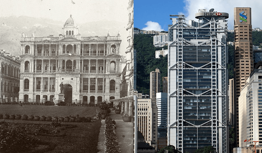 HSBC hong kong headquarters - left picture 1886 - 1933 - right picture shows  today