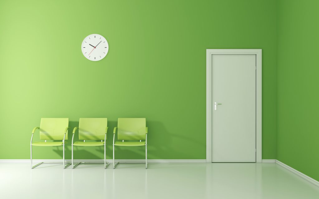 greeen wall with office chairs lined up in front