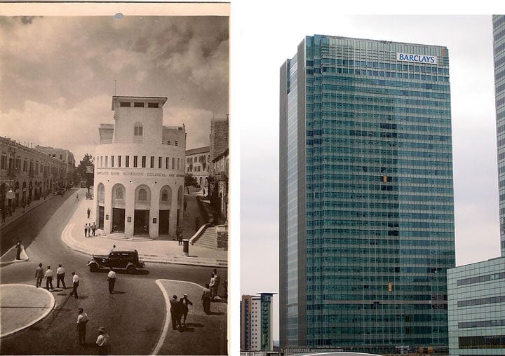  left picture barclays bank in jerusalem 1940 - right picture barclays today in london